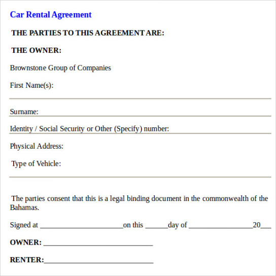 Car Rental Agreement Contract Template  Sample