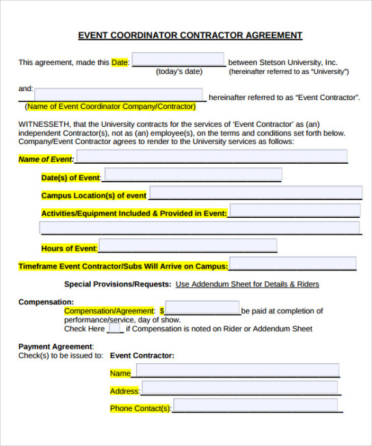 Costum Event Planner Contract Agreement Template Excel Sample