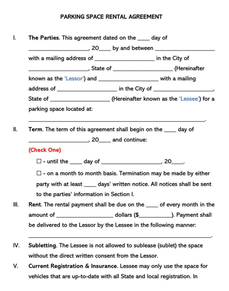 Costum Parking Space Rental Contract Template Excel Sample