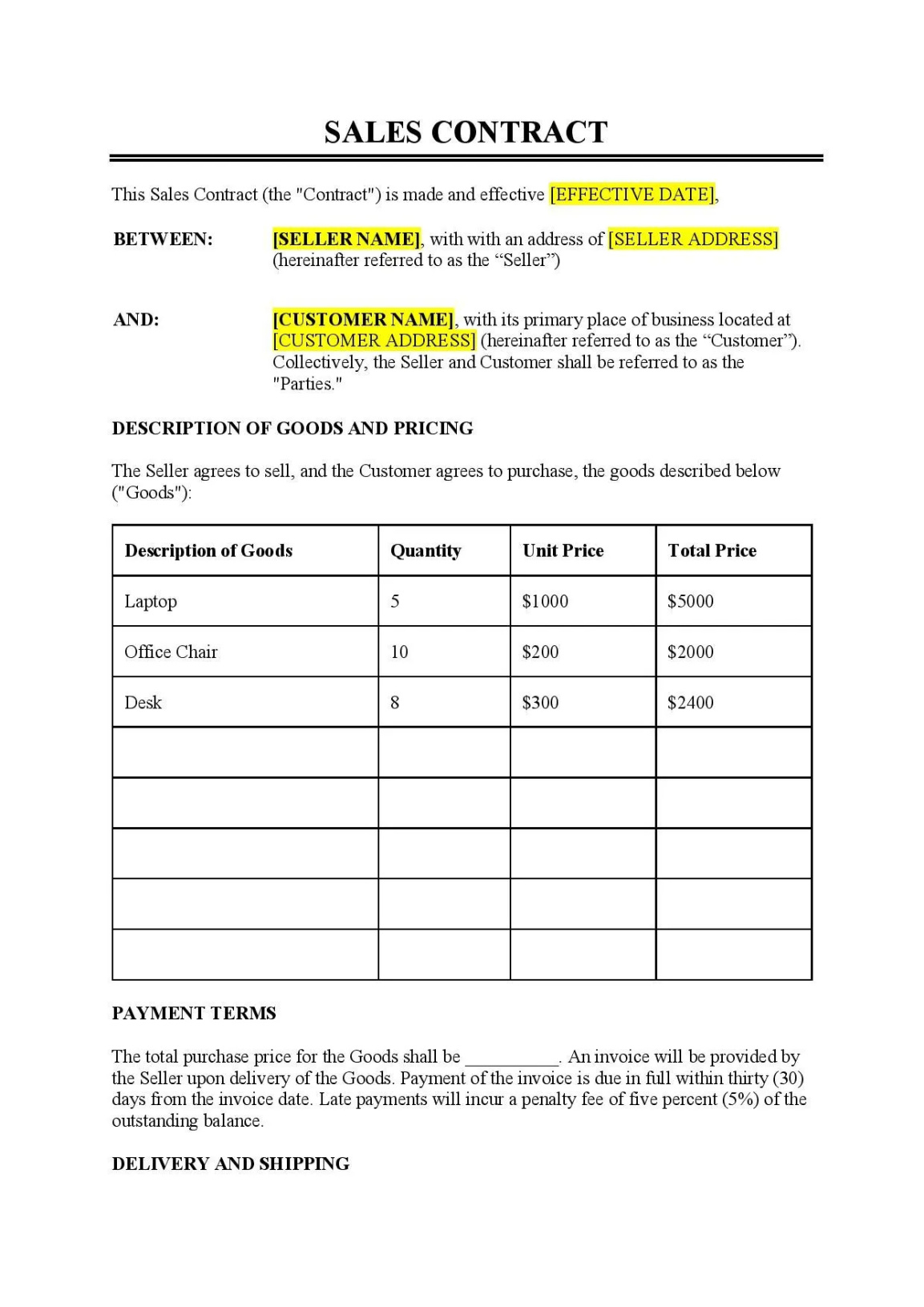 Costum Purchase And Sale Contract Template Excel Example