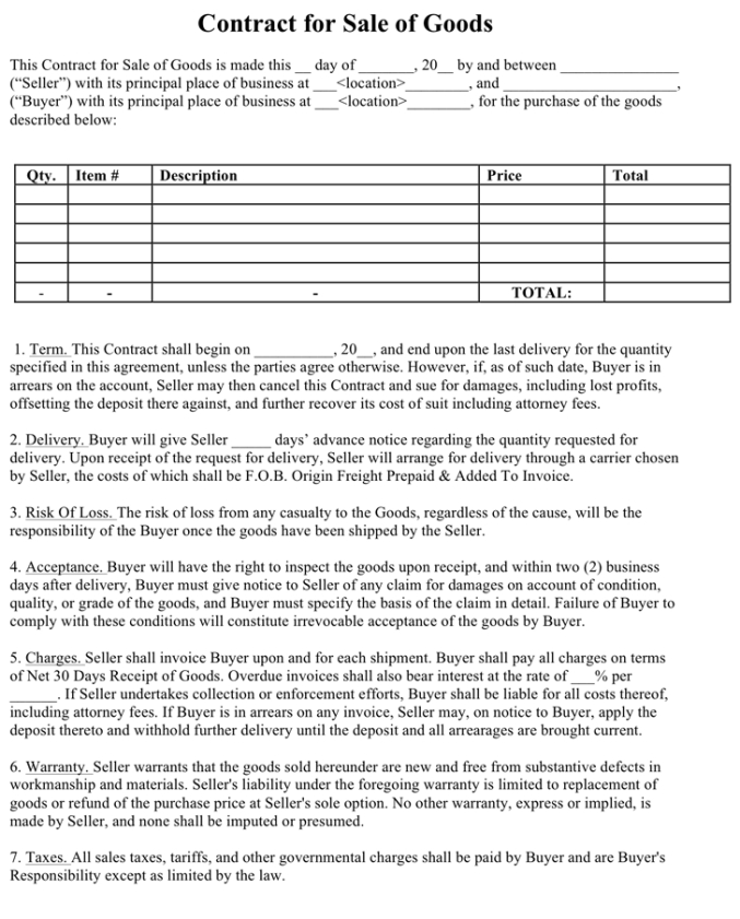 Editable Sale Of Goods Contract Template Doc Sample