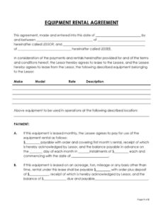 Free Equipment Rental Agreement Contract Template Pdf Example