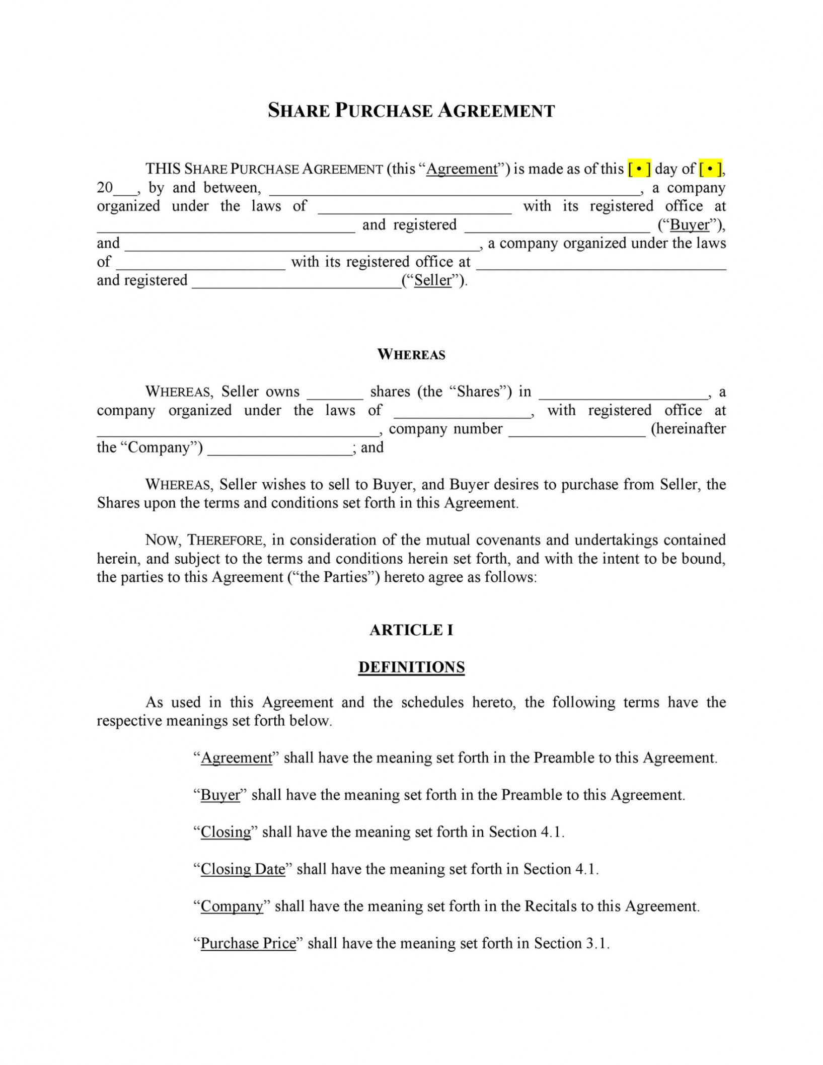 Free Real Estate Purchase Contract Template Doc