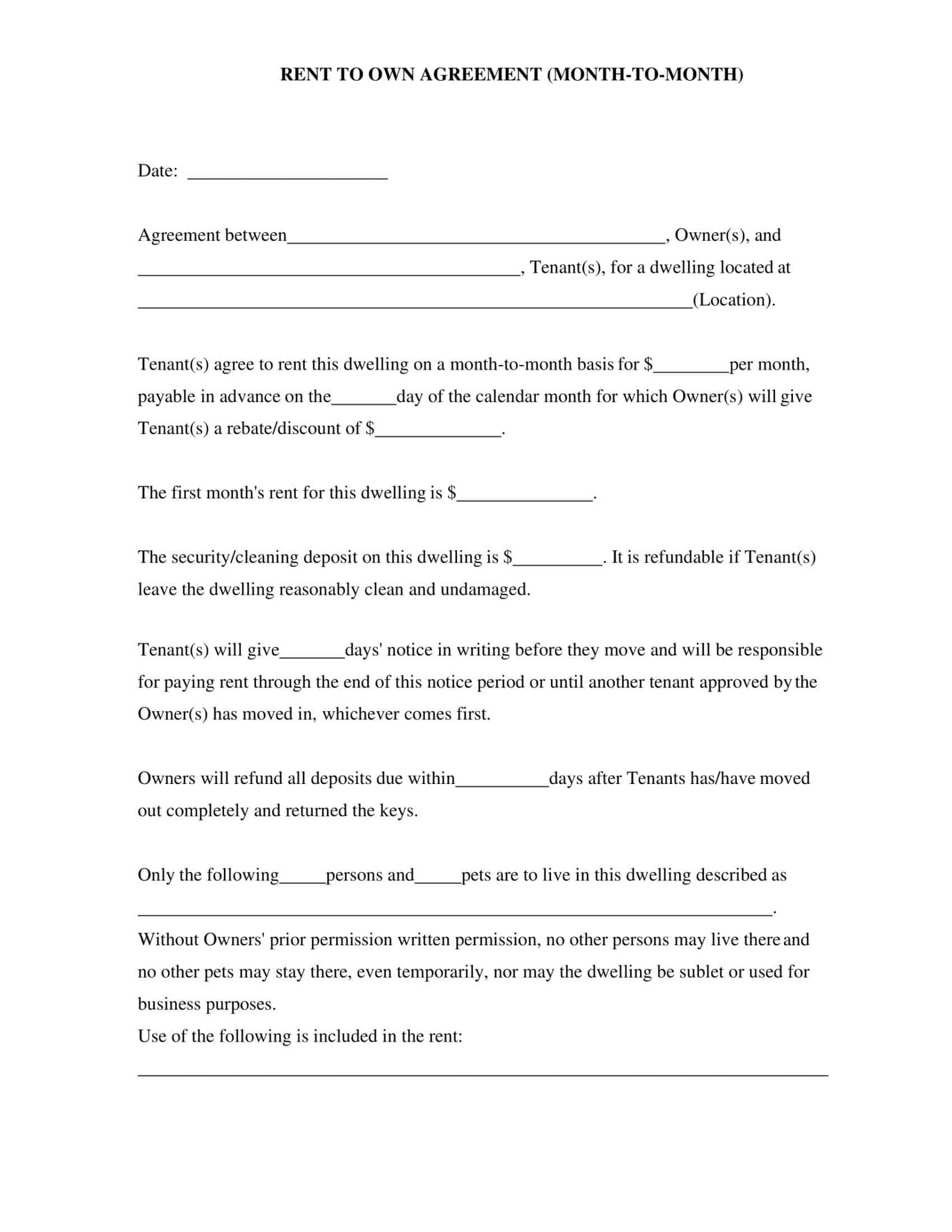 Free Simple Rent To Own Contract Template  Sample