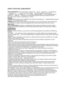 Joint Venture Agreement Contract Template Doc