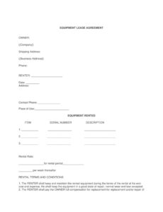 Printable Equipment Rental Agreement Contract Template Word Sample