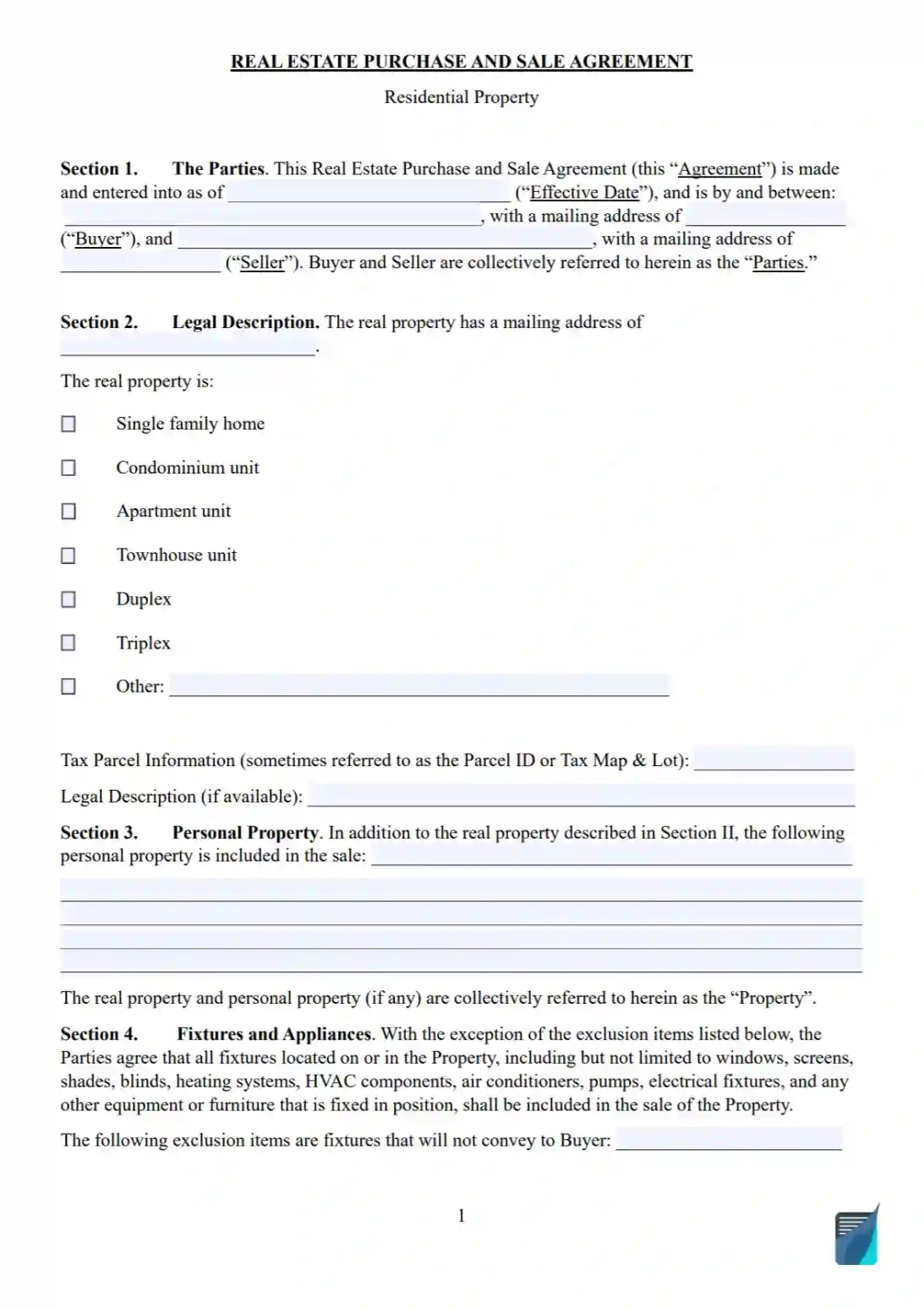 Printable Real Estate Sales Contract Template Doc Example