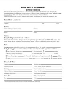 Printable Shared Room Rental Contract And Agreement Template Pdf