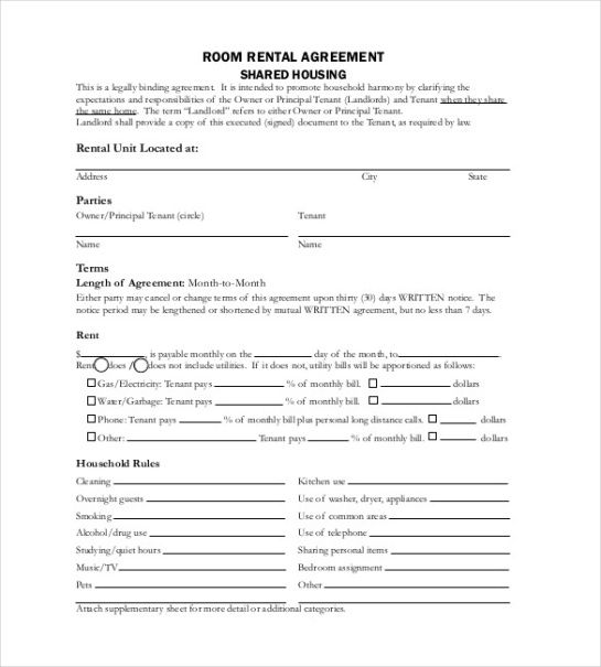 Printable Shared Room Rental Contract And Agreement Template Pdf