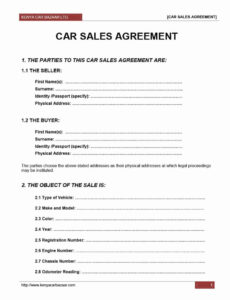 Selling Used Car Contract Template Excel Example