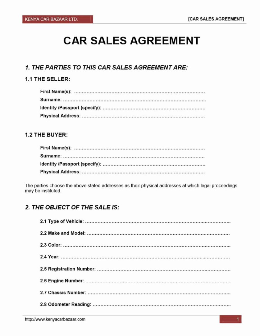 Selling Used Car Contract Template Excel Example