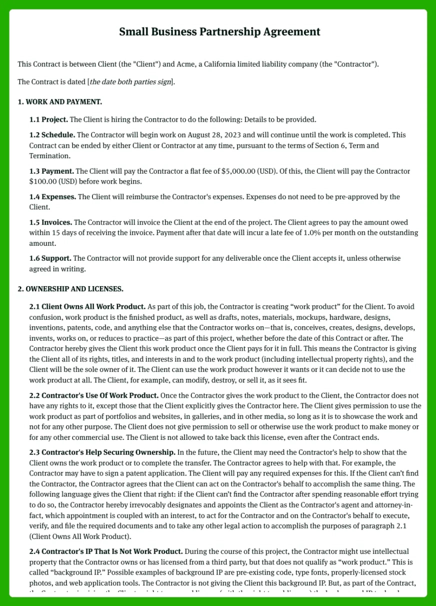 Small Business Partnership Contract Template Doc Sample