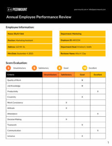 Printable Hospitality Staff Performance Review Template Word