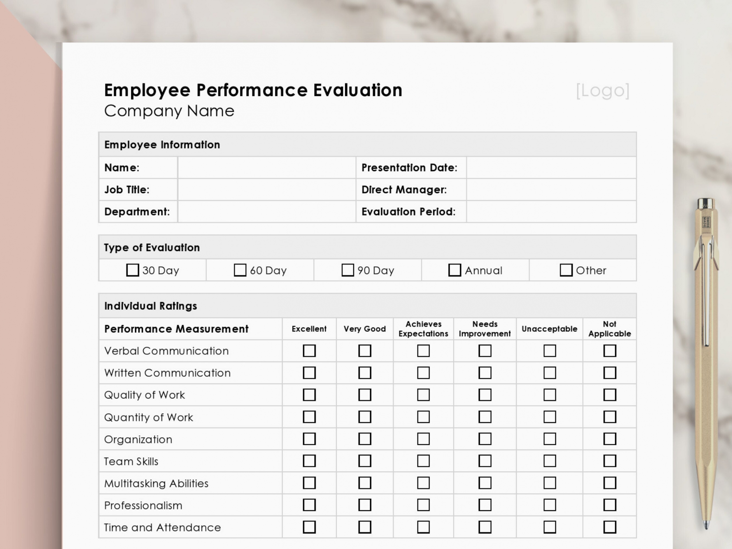 Professional Executive Level Performance Review Template Word Example