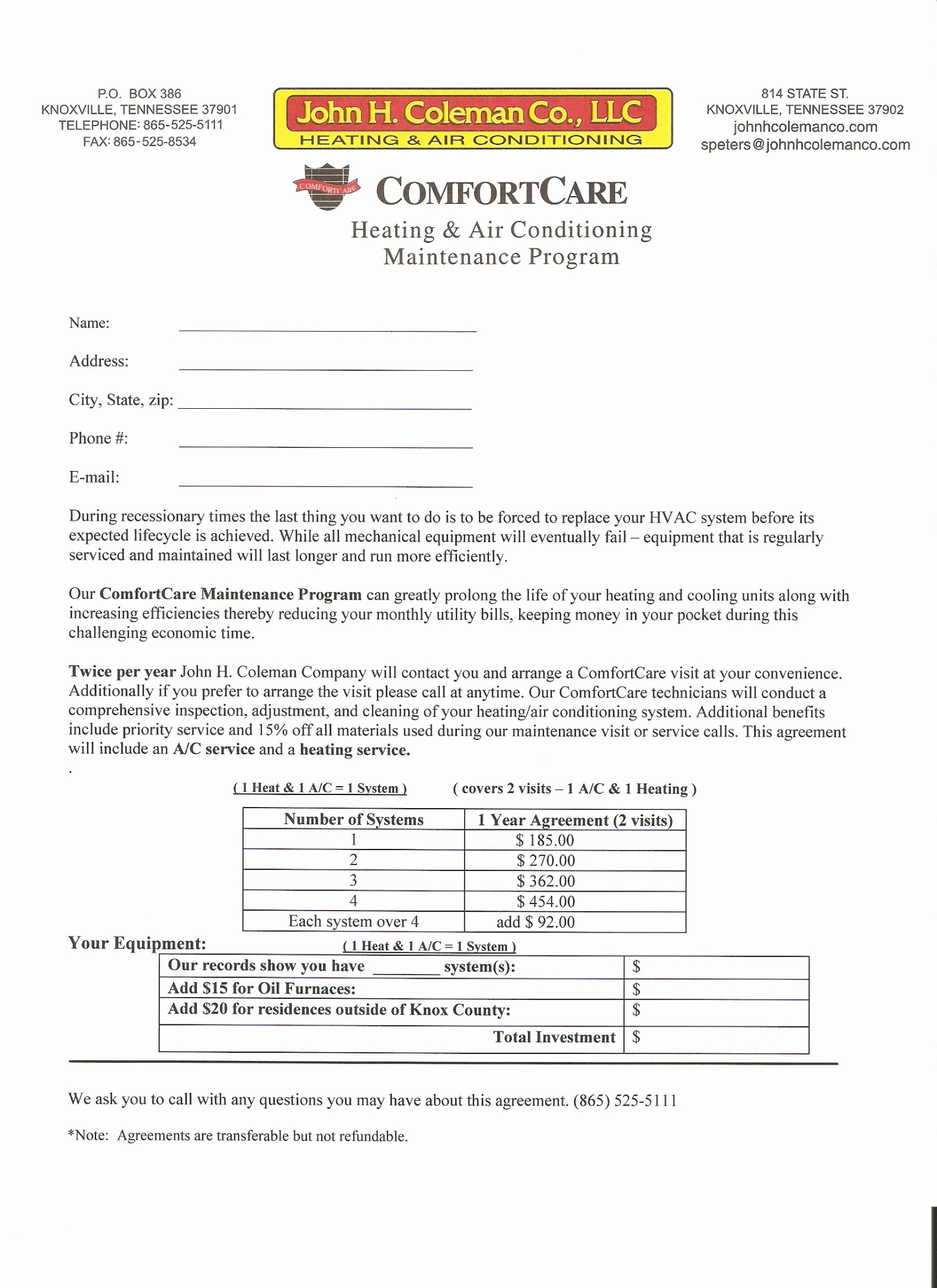 Free Hvac Preventative Maintenance Contract Template Doc