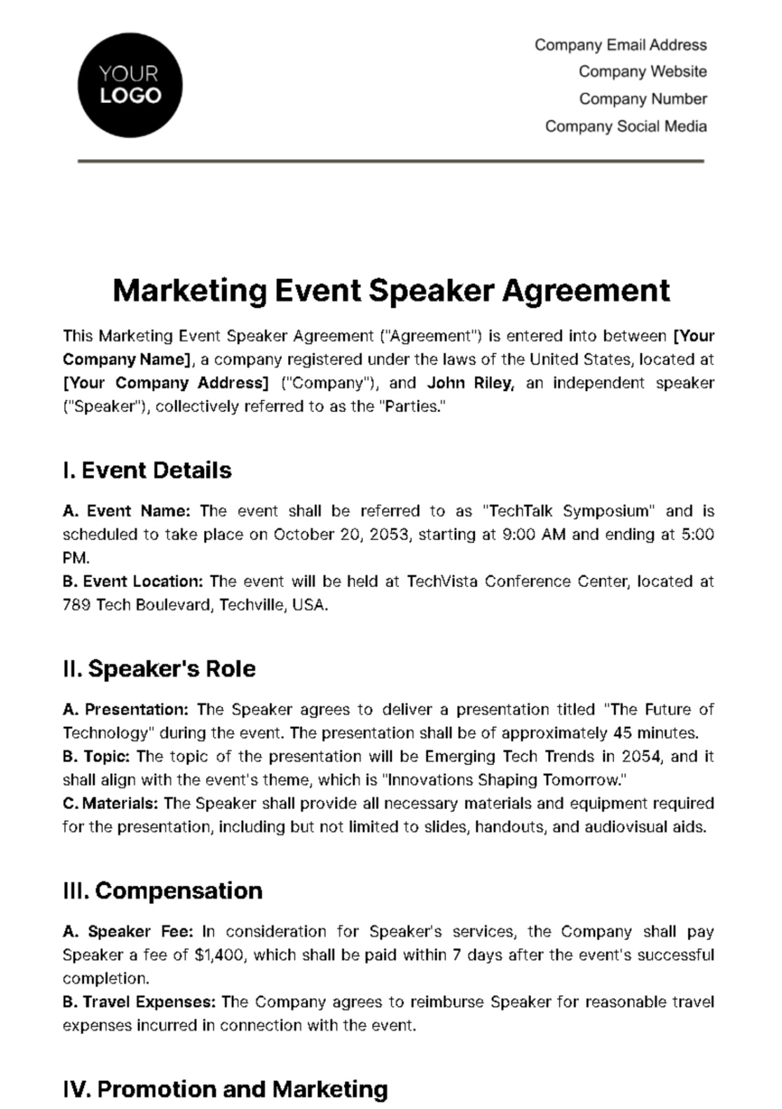 Costum Music Event Contract Template Pdf