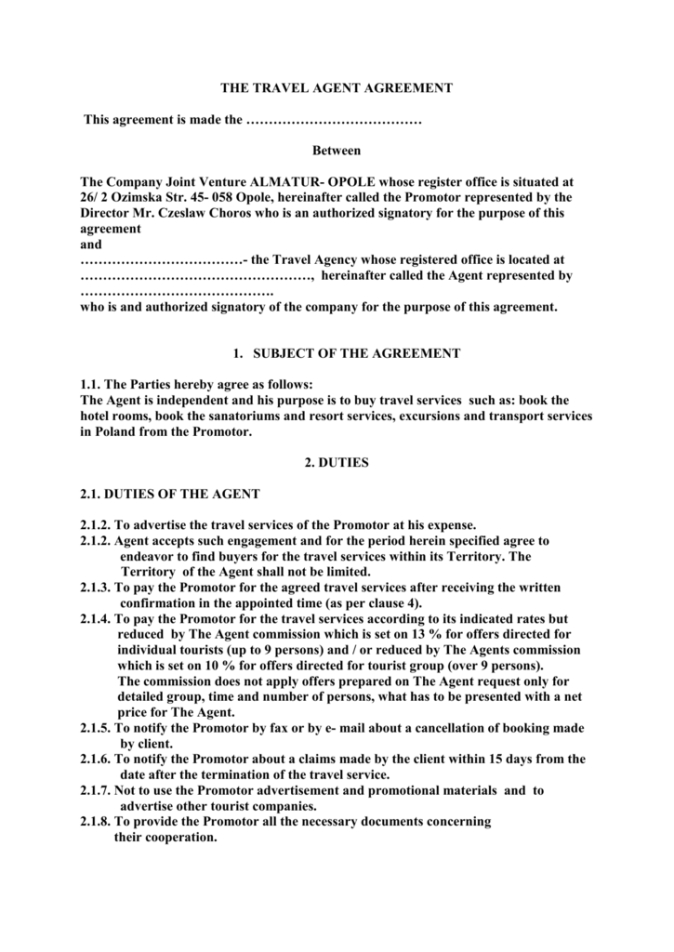 Costum Travel Agent Contract Template Word Example