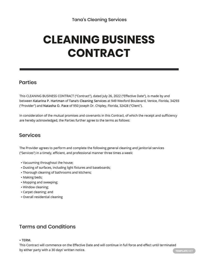 Editable Domestic Cleaning Contract Template Word Sample