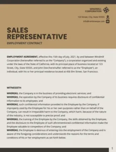 Editable Sales Representative Employment Contract Template Word Sample