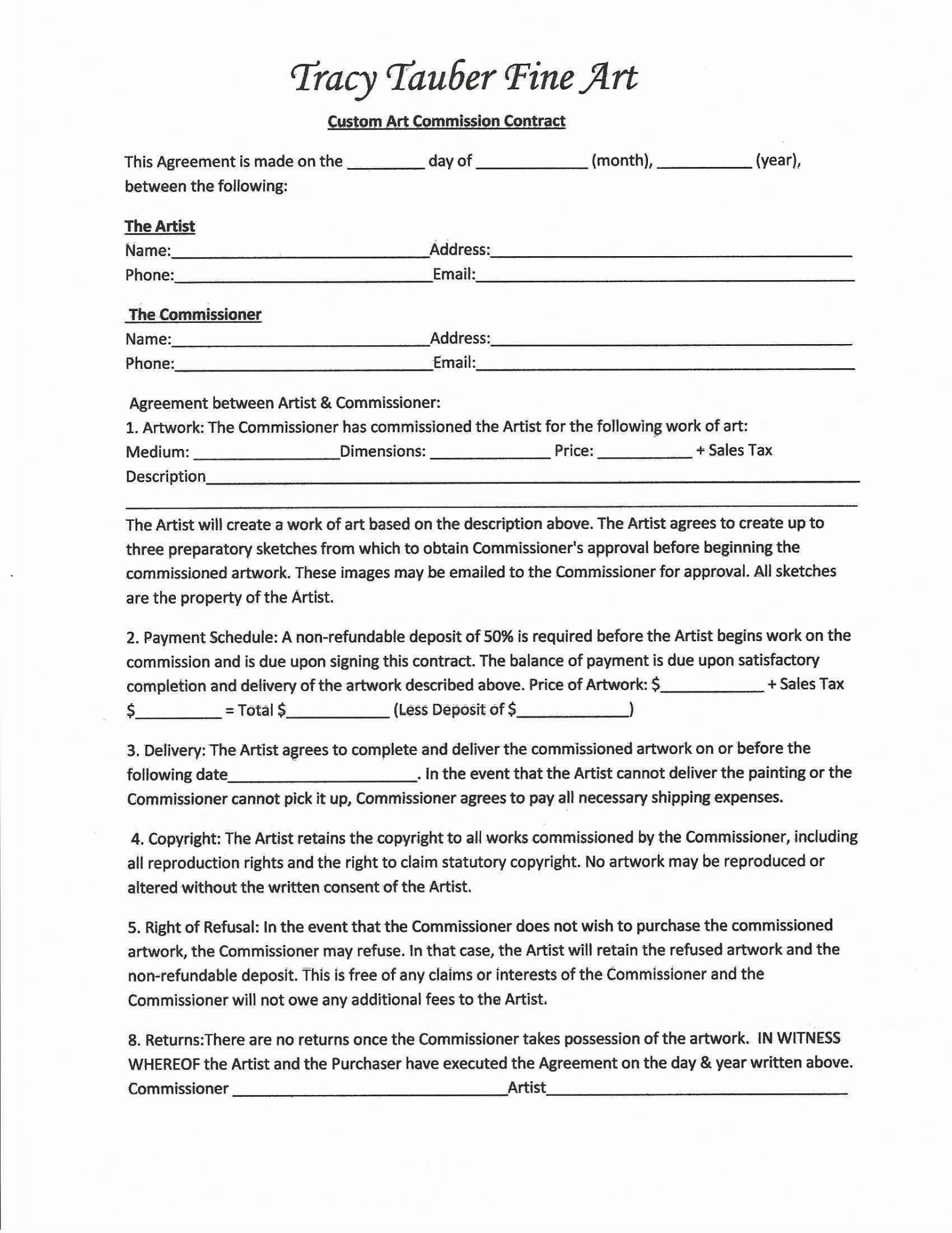 Printable Art Commission Contract Template Pdf Sample